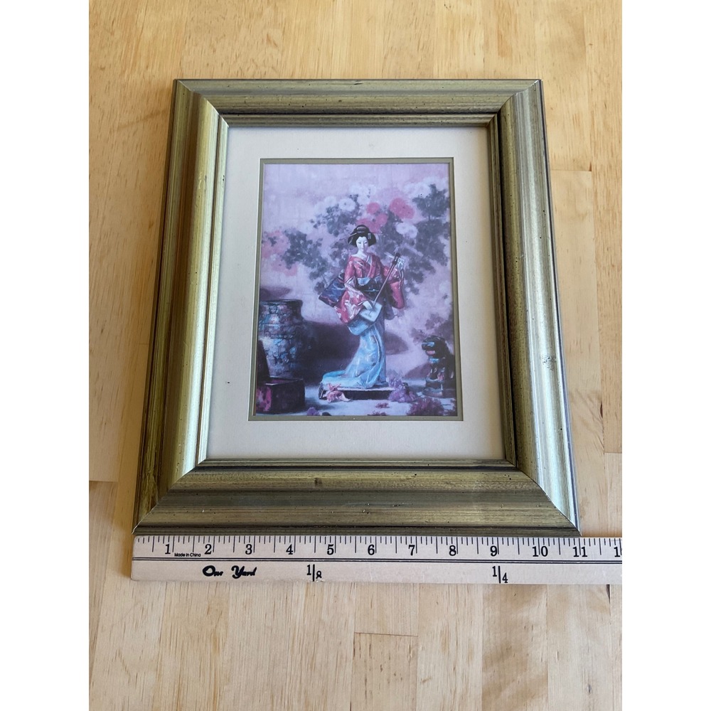 Vintage Framed Japanese Geisha Print Gold Wood Frame Shamisen Kimono Art